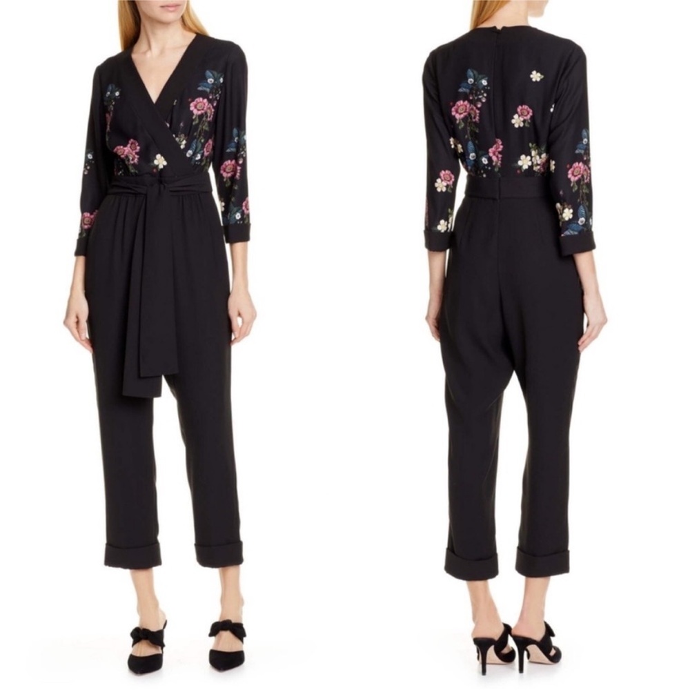 Ted Baker Eleaann Oracle Black Turn Up Hem Jumpsuit Floral Women’s Sz 10 US